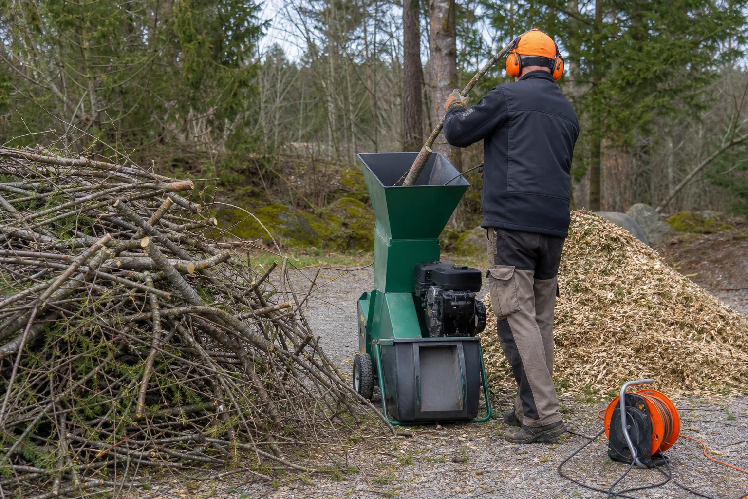 Flismaskin på grusplan intill grova grenar och färsk flis