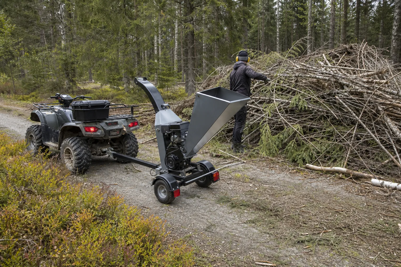 Fyrhjuling och frånkopplad flishugg vid skogsväg