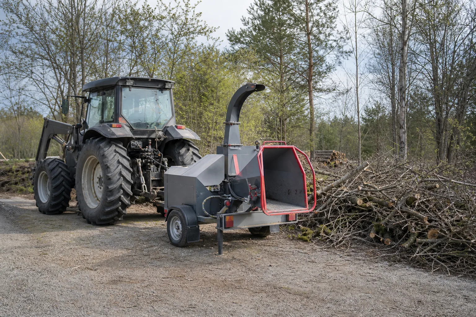 Traktor och frånkopplad flishugg vid grov grenhög