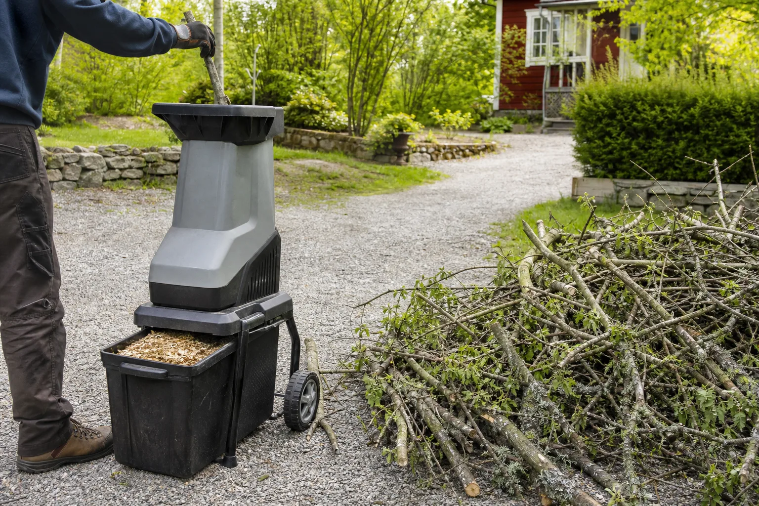 Flishugg på grusinfart med grenar av olika grovlek