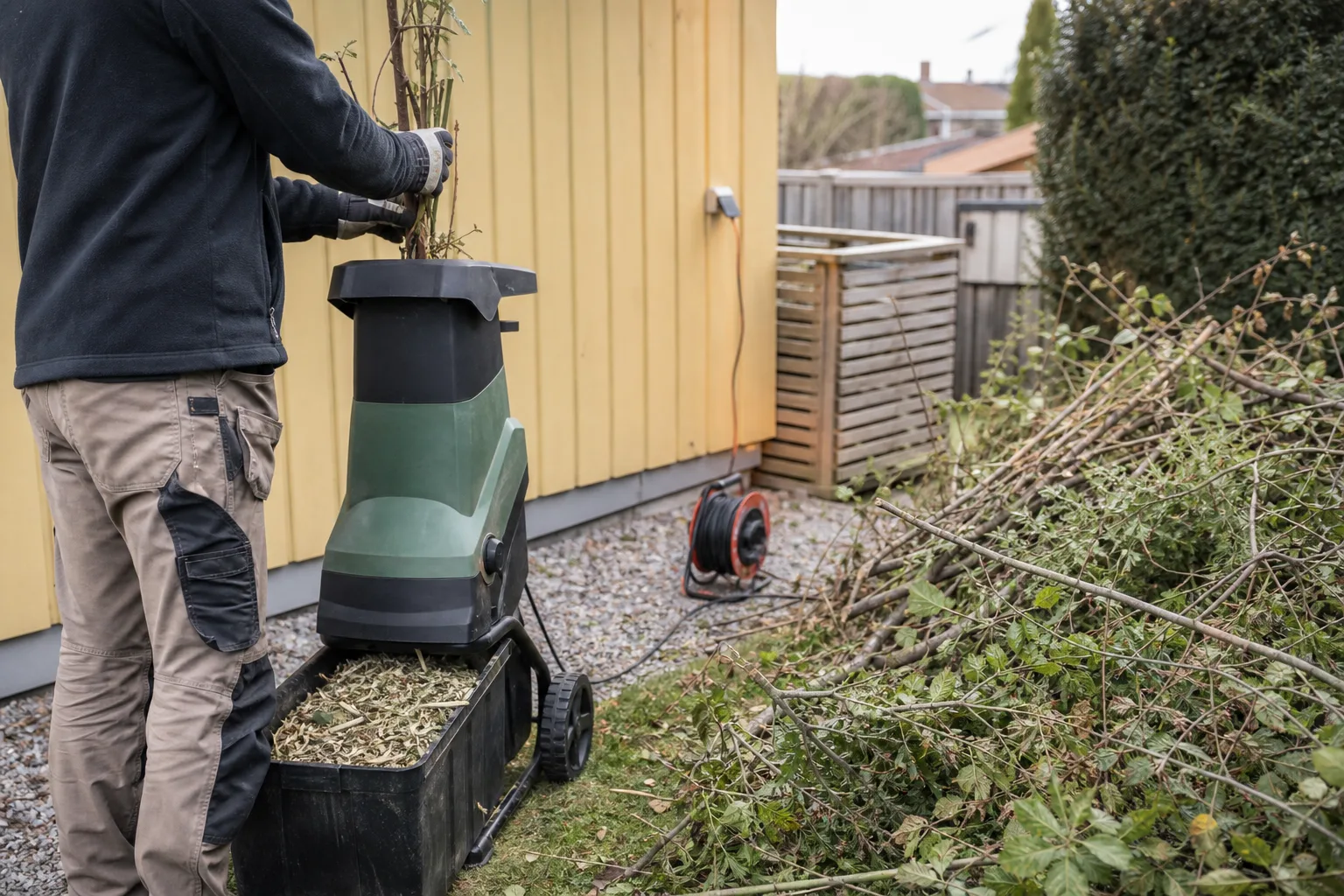 Kompakt kvarn med häckkvistar och grövre grenar på radhustomt