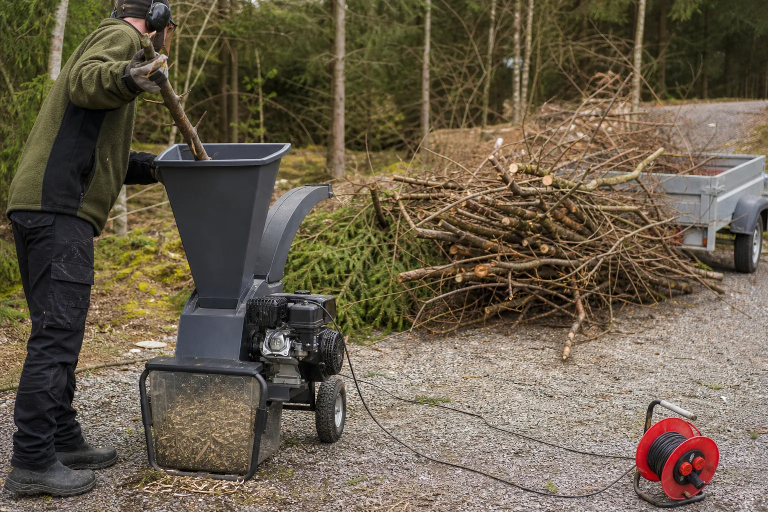 Kompakt flismaskin vid skogskant med stor grenhög och släpvagn